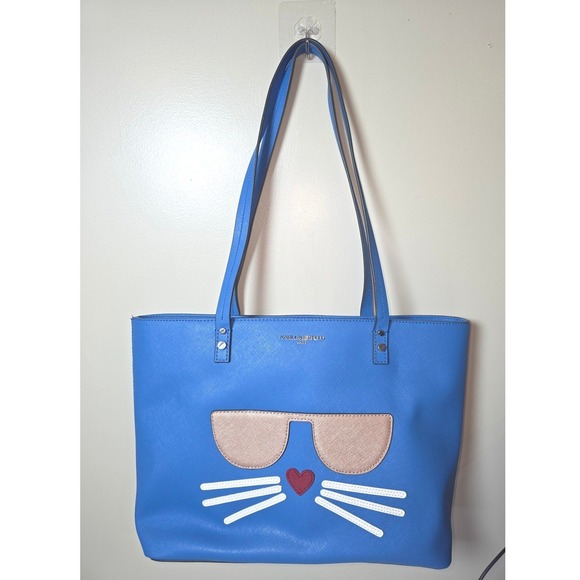 Karl Lagerfeld Paris Handbags - Karl Lagerfeld Paris Blue Choupette Cat Face Saffiano Tote Bag Sunglasses Heart